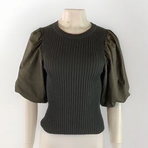 Sofie The Label Sz S Ribbed Puff Sleeve Sweater Deep Green Viscose Nylon